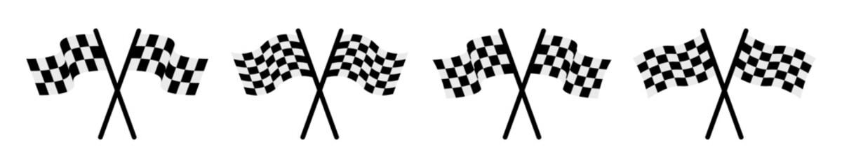 Set of crossed start or finish flag vector icons. Black and white checkered flag. Auto sport.