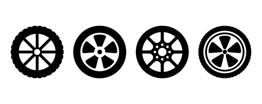 Set of car tire vector icons on white background. Black silhouette with vehicle wheel and protector. Vector 10 Eps.