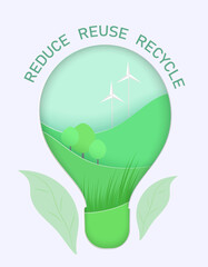 Obraz premium Illustration about Earth day, World Environment Day, green energy. Environmental poster light bulb with green landscape in paper cut style.