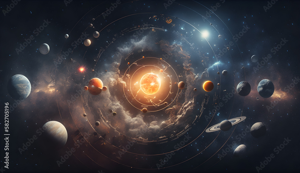 Wall mural stunning depiction of solar system with planets in orbit and interstellar clouds in a galaxy