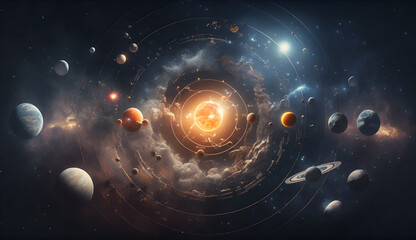 stunning depiction of solar system with planets in orbit and interstellar clouds in a galaxy - obrazy, fototapety, plakaty