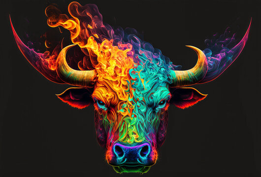 bull head with horns on blue background.