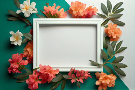 Top view of photo frame on background decorated with flowes. Copy space. AI Generated