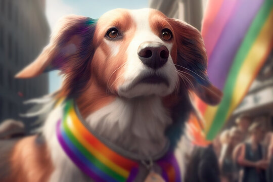 Proud dog standing up for equality and acceptance with their colorful rainbow bandana. Adorable furry companion at the LGBTQ+ pride parade, showing their love for the diverse community. Generative AI.
