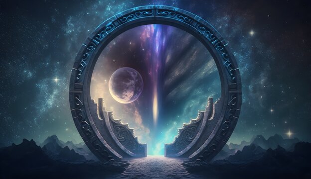 Futuristic portal to another galaxy world through a circular tunnel, Cosmic moon stars cloudy sky landscape, Gateway into space with futuristic background, galaxy and nebula