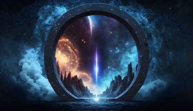 Futuristic portal to another galaxy world through a circular tunnel, Cosmic moon stars cloudy sky landscape, Gateway into space with futuristic background, galaxy and nebula