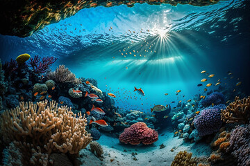 Fototapeta na wymiar sunny day underwater, colorful coral fish in blue water Generative AI