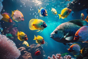 Fototapeta na wymiar colorful coral fish in blue water Generative AI