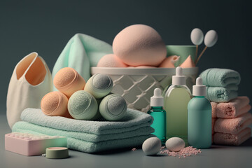 Fototapeta na wymiar women shower set, towels and bottles with shampoo and cosmetics Generative AI