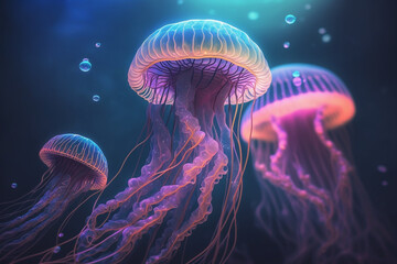 glowing poisonous ocean underwater jellyfish Generative AI - obrazy, fototapety, plakaty