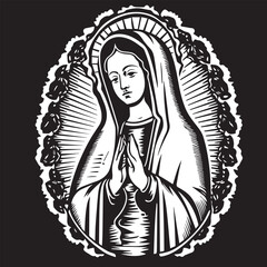 Virgin Mary, Our Lady. Hand drawn vector illustration. Black silhouette svg of Mary, laser cutting cnc.
