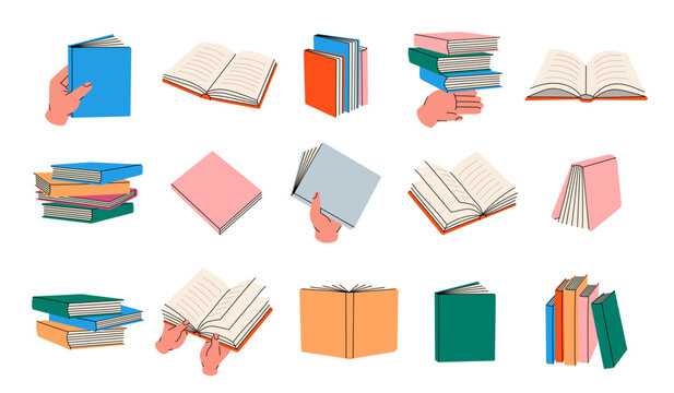 Stacks of books. Pile of textbooks for education. Closed and open books, literature, dictionaries, encyclopedias, planners. Vector illustration