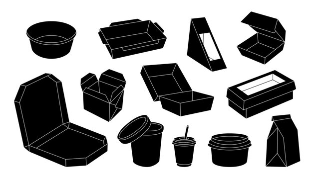 Takeaway cardboard boxes set. Cardboard boxes for takeaway food. Paper and plastic delivery containers. Food and drink packaging. Recyclable packs