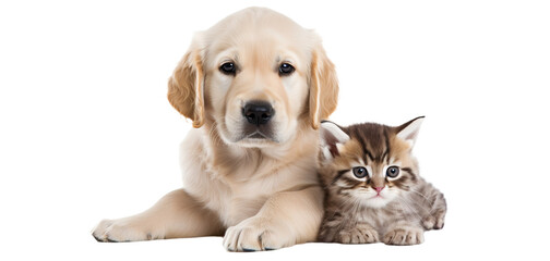 Golden retriever puppy and cute kitten lie together.  isolated on transparent background. PNG. Two puppies  Post-processed generative AI