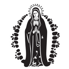 Virgin Mary, Our Lady. Hand drawn vector illustration. Black silhouette svg of Mary, laser cutting cnc.
