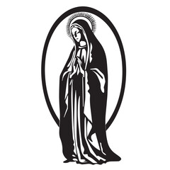 Virgin Mary, Our Lady. Hand drawn vector illustration. Black silhouette svg of Mary, laser cutting cnc.

