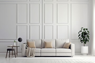 Interior of modern living room with couch over white wall with random paneling. Contemporary room design. Home design with poster - Generative AI