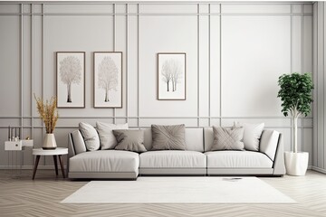 Interior of modern living room with couch over white wall with random paneling. Contemporary room design. Home design with poster - Generative AI