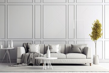 Interior of modern living room with couch over white wall with random paneling. Contemporary room design. Home design with poster - Generative AI