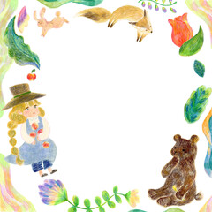 Fototapeta premium 植物と女の子、クマや狐、うさぎの可愛い手描きのイラストフレーム