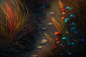 Obraz premium Oil painting illustration of colorful wildflowers. Generative AI.