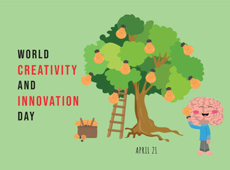World Day of Creativity and Innovation with a big-brained character picking up lit light bulbs from a big tree