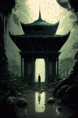 A Person Entering A Dark Ancient Temple In The Jungle. Generative AI Illustration