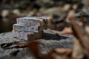 Natural handmade soap bars in a natural park