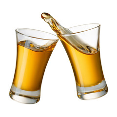glasses shot of gold tequila making toast with splash isolated on white