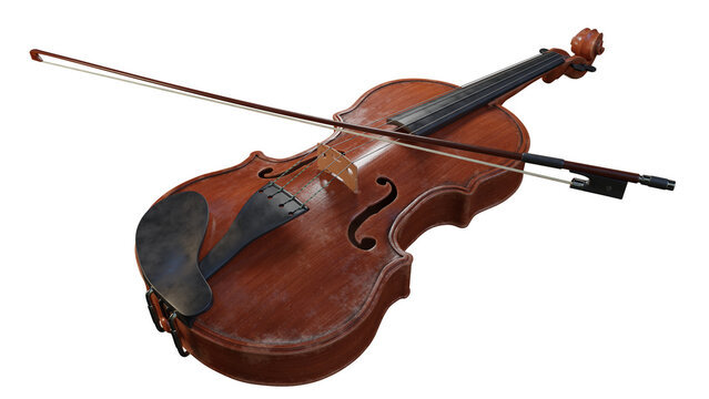 3d render of a realistic old violin with modern parts and violin bow without background 