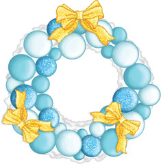 Blue Gold Glitter Balloons Wreath illustration isolated Clipart. Blue Gold Balloons Garland with Ribbons Party Clipart for celebration design, planner sticker, pattern, background, invitations.