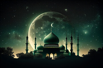 Illustration of Islamic theme design for Ramadhan and Eid Fitri celebration as banner background created with Generative AI technology.