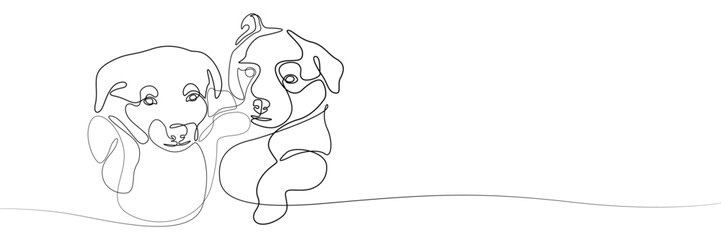Two stylized puppies drawn with one line. Line art with pets, dog is human best friend. Banner for a pet store, advertising products for dogs