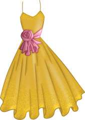 Gold Glitter Party Dress with Pink Ribbon Party illustration isolated Clipart for celebration design, planner sticker, pattern, background, invitations, greeting cards, sublimation.