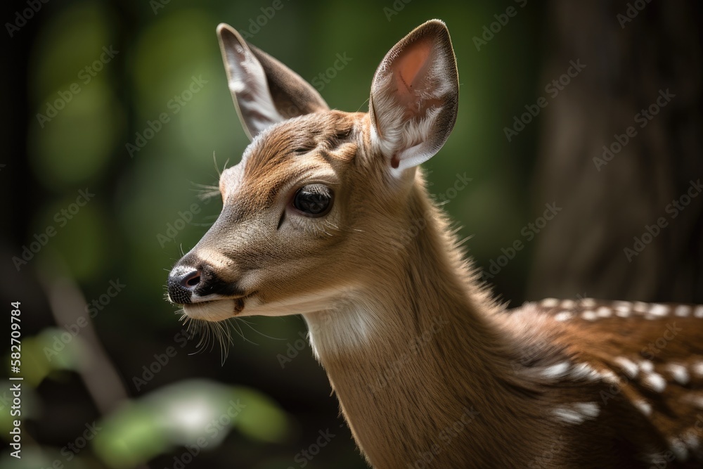 Wall mural Fawn, a sweet little deer kid Looking to the Side in the Forest with a Green Background. Generative AI