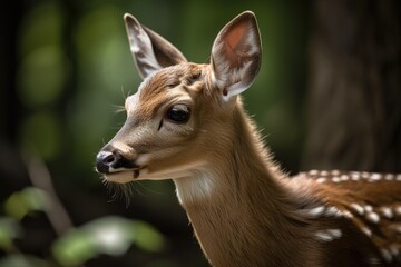 Obraz premium Fawn, a sweet little deer kid Looking to the Side in the Forest with a Green Background. Generative AI