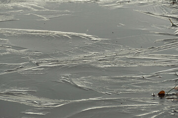 Mroźny poranek na łące. Zamarznięta powierzchnia kałuży. Połyskliwa powierzchnia lodu pokryta jest delikatnymi nierównościami tworzącymi finezyjne wzory.