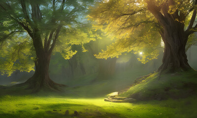 fabulous forest with cinematic light, magical atmosphere, forest background, generated in AI