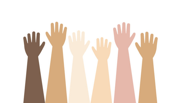Raising Hands with Different Skin Color. Happy Community, Diversity, multiracial, teamwork, Connection concepts. Flat cartoon vector isolated design illustration.