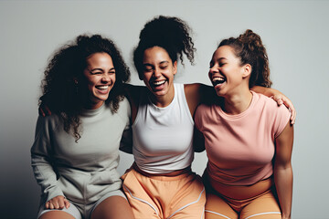 Three female friends laughing happily in a sports studio. generative AI digital illustration.