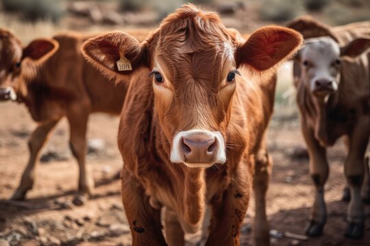 Curiosity of farm animals demonstrates inquisitive beefmaster calves on ranch. Generative AI