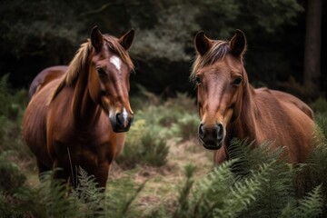 Naklejka na ściany i meble Brown Horses Eating Grass in Dorset's New Forest National Park. Generative AI