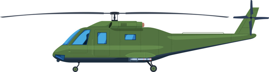 Combat green helicopter army air weapon military flying transportation side view isometric vector
