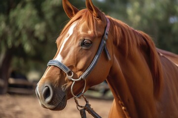 Fototapeta premium Red head collar on an Arab mare. Generative AI