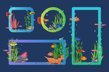 Fish frame transparent neon color aquarium decor element set vector isometric illustration