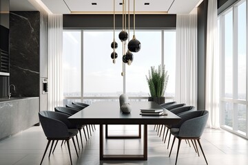 A great modern dining room would look sleek and minimalistic, with clean lines, a cohesive color scheme, and statement pieces that add visual interest and texture - Generative AI