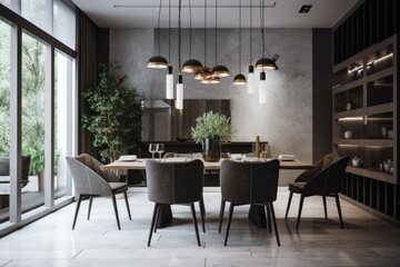 A great modern dining room would look sleek and minimalistic, with clean lines, a cohesive color scheme, and statement pieces that add visual interest and texture - Generative AI