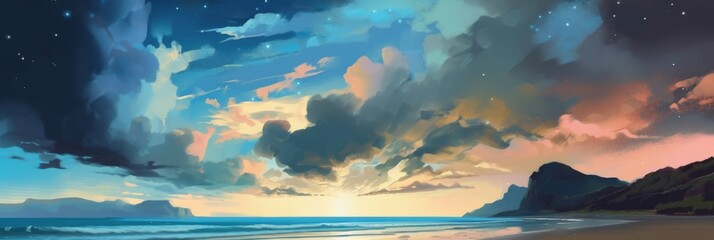 Panoramic ocean view late evening after sunset, calming blue colors, refreshing sea vibes, sandy beach, far horizon, star filled summer night - generative AI