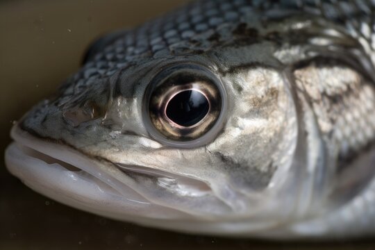 A close up of the face of a thick lip grey mullet, a common and popular fish from the Atlantic Ocean. Generative AI