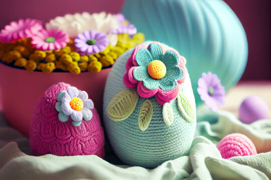 Crochet Easter eggs. Amigurumi colorful spring flowers and Easter eggs. Knitting concept. International Crochet Day. Generative AI.